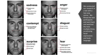 @weisesarah
We	
  conducted	
  
our	
  research	
  in	
  
a	
  lab	
  with	
  a	
  
two-­‐way	
  
mirror.	
  	
  We	
  
ﬁlmed	
  the	
  test	
  
parBcipants	
  
and	
  went	
  back	
  
and	
  watched	
  
the	
  tests	
  
mulBple	
  Bmes,	
  
scruBnizing	
  
facial	
  
expressions	
  
and	
  body	
  
language.	
  
 