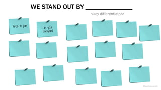 Free to join
In your
backyard
WE STAND OUT BY ______________
<key differentiator>
@weisesarah
 