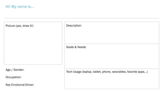 Hi! My name is…
Description
Goals & Needs
Tech Usage (laptop, tablet, phone, wearables, favorite apps…)
Picture (yes, draw it!)
Age / Gender:
Occupation:
Key Emotional Driver:
 