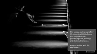 @weisesarah
This	
  process	
  stole	
  a	
  year	
  of	
  my	
  
life.	
  Countless	
  billable	
  hours,	
  
your	
  taxpayer	
  dollars,	
  
painstaking	
  work,	
  meeBngs	
  
and	
  staBsBcal	
  nonsense.	
  
	
  
Are	
  you	
  familiar	
  with	
  this	
  
heartbreak?	
  
 