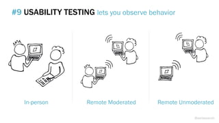 #9 USABILITY TESTING lets you observe behavior
In-person Remote Moderated Remote Unmoderated
@weisesarah
 