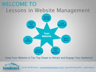 WELCOME TO
 Lessons in Website Management




 Keep Your Website in Tip-Top Shape to Attract and Engage Your Audience!



              Sarah M Worthy | sworthy@tendenci.com |@sarahmworthy | @tendenci
 