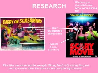 RESEARCH Over exaggerated expressions Typical horror signifiers Hilarious yet dramatic/scary (what we’re aiming for) Film titles are not serious for example ‘Wrong Turn’ isn’t a funny film, just horror, whereas these film titles are seen as quite light hearted.  