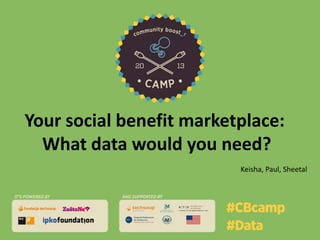 Your social benefit marketplace:
What data would you need?
Keisha, Paul, Sheetal

 