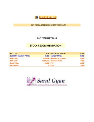 BUY TO SELL STOCKS FOR SHORT TERM GAINS
24TH
FEBRUARY 2019
NIIT LTD BUY POTENTIAL UPSIDE: 16.5%
CURRENT MARKET PRICE: 81.55 TARGET PRICE: 95.00
BSE Code 500304 Market Cap (Crores) 1364
NSE Code NIITLTD Dividend Yield 0.00
Book Value 46.80 P/E 16.52
Face Value 2 EPS 4.94
STOCK RECOMMENDATION
 