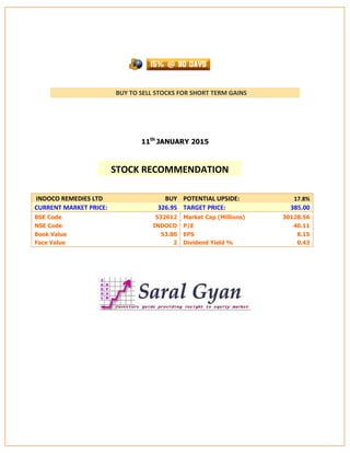 BUY TO SELL STOCKS FOR SHORT TERM GAINS
11th
JANUARY 2015
INDOCO REMEDIES LTD BUY POTENTIAL UPSIDE: 17.8%
CURRENT MARKET PRICE: 326.95 TARGET PRICE: 385.00
BSE Code 532612 Market Cap (Millions) 30128.56
NSE Code INDOCO P/E 40.11
Book Value 53.80 EPS 8.15
Face Value 2 Dividend Yield % 0.43
STOCK RECOMMENDATION
 