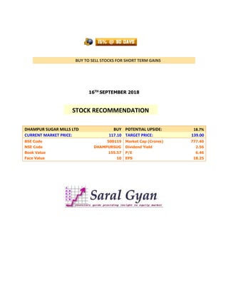 BUY TO SELL STOCKS FOR SHORT TERM GAINS
16TH SEPTEMBER 2018
DHAMPUR SUGAR MILLS LTD BUY POTENTIAL UPSIDE: 18.7%
CURRENT MARKET PRICE: 117.10 TARGET PRICE: 139.00
BSE Code 500119 Market Cap (Crores) 777.40
NSE Code DHAMPURSUG Dividend Yield 2.56
Book Value 155.57 P/E 6.46
Face Value 10 EPS 18.25
STOCK RECOMMENDATION
 