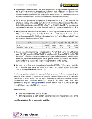 HIDDEN GEMS – AUGUST 2016
- 11 - SARAL GYAN CAPITAL SERVICES
To push replacement market sales, the company is focusing on increasing dealerships
for its products. Currently, the company has more than 60 dealers and continuously
increasing its penetration to new geographies across country to reach out to more no.
the customers to further strengthen its position in replacement market.
As of Jun’16, promoter’s shareholding in the company is at 70.15% without any
change in holding since last 2 years. However, promoters have increased their stake
by 0.96% in last 5 years, from 69.19% in Sep’11 to 70.15% in Jun’14. The company has
not pledged any shares, Institution shareholding in the company is negligible at 0.42%.
Management has rewarded shareholders by paying regular dividend since last 9 years.
The company has paid total dividend of Rs. 15 for FY15-16 and dividend yield at
current share price is 2%. Dividend is increased from Rs. 5 to Rs. 15 during last 5 years
with healthy dividend payout of 26%.
YEAR Mar'12 Mar'13 Mar'14 Mar'15 Mar'16
EPS 21.56 15.89 22.83 31.00 41.51
Dividend / Share (In Rs) 5.00 10.00 5.00 5.00 15.00
As per our estimates, Sterling Tools can deliver PAT of 43.60 crores for full financial
year 2017-18, annualized EPS of Rs 63.74 with forward P/E ratio of 11.7X for FY17-18.
Company’s valuation looks attractive considering strong balance sheet with improving
financials, better return ratios and robust growth outlook of fastener industry with
significant pick up expected in automobiles production in the country.
On equity of Rs. 6.84 crore, the estimated annualized EPS for FY17-18 works out to Rs.
63.74 and the Book Value per share is Rs. 208.67. At current market price of Rs.
746.35, stock price to book value is 3.58.
Considering positive outlook for fastener industry, company’s focus on expanding its
reach to drive growth in replacement market, expected improvement in operating
margins due to better product mix and higher capacity utilization, and company’s superior
fundamentals with attractive valuations compared to peers, Saral Gyan team
recommends “Buy” on Sterling Tools Ltd at current market price of Rs. 746.35 for target
of Rs. 1400 over a period of 12 to 24 months.
Buying Strategy:
 70% at current market price of 746.35
 30% at price range of 520 - 570 (in case of correction in stock price in near term)
Portfolio Allocation: 3% of your equity portfolio.
 