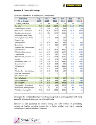 HIDDEN GEMS – AUGUST 2016
- 8 - SARAL GYAN CAPITAL SERVICES
Current & Expected Earnings
Quarterly Ended Profit & Loss Account (Standalone)
We expect the company to deliver robust revenue growth in coming quarters with rising
sales of 2 wheelers and commercial vehicles in India.
Company is well positioned to achieve strong sales with increase in profitability
considering healthy operating margin due to better product mix, higher capacity
utilization and decline in interest expenses.
Particulars
(Rs in Crores)
Sep
2015
Dec
2015
Mar
2016
Jun
2016
Sep
2016 E
Dec
2016 E
Audited / UnAudited UA UA UA UA UA UA
Net Sales 95.09 87.27 101.34 94.3 104.67 97.49
Other Operating Income 1.26 1.02 1.13 0.93 1.12 1.24
Total Income – Operations 96.35 88.28 102.47 95.22 105.79 98.73
Raw Materials Consumed 39.25 35.6 35.59 36.23 44.51 39.83
Purchase of Traded Goods -- -- -- -- -- --
Increase/Decrease in Stocks -1.16 -3.01 3.99 -1.77 -1.31 -2.89
Power & Fuel -- -- -- 7.73 -- --
Employees Cost 7.64 8.01 8.87 9.45 8.77 8.98
Depreciation 3.42 3.47 3.08 3.72 3.55 3.78
Provisions And Contingencies -- -- -- -- -- --
Other Expenses 33.58 31.26 39.27 24.11 34.66 32.15
P/L Before Other Income 13.61 12.95 11.66 15.75 15.61 16.88
Other Income 0.15 0.49 0.82 0.26 0.21 0.45
P/L Before Int., E. Items & Tax 13.76 13.44 12.48 16.01 15.82 17.33
Interest 1.42 1.49 1.78 1.59 1.54 1.51
P/L Before E. Items & Tax 12.34 11.95 10.71 14.42 14.28 15.82
Exceptional Items -0.09 -0.85 0.08 0.02 0.01 0.05
P/L Before Tax 12.25 11.09 10.78 14.44 14.29 15.87
Tax 4.01 4.31 3.46 5.07 4.73 6.18
P/L After Tax – Ord. Activities 8.24 6.78 7.33 9.37 9.56 9.69
Prior Year Adjustments -- -- -- -- -- --
Extra Ordinary Items -- -- -- -- -- --
Net Profit/(Loss) 8.24 6.78 7.33 9.37 9.56 9.69
Equity Share Capital 6.84 6.84 6.84 6.84 6.84 6.84
Calculated EPS 12.04 9.91 10.7 13.69 13.98 14.17
Calculated EPS (Annualised) 48.16 39.64 42.8 54.76 55.9 56.67
Public Shares Holding (Crores) 0.2 0.2 0.2 0.2 NA NA
Public Share Holding (%) 29.85 29.85 29.85 29.85 NA NA
 