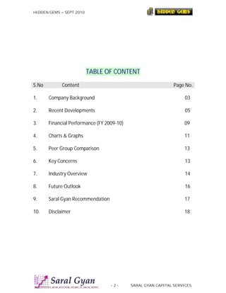 HIDDEN GEMS – SEPT 2010




                          TABLE OF CONTENT
S.No         Content                               ...