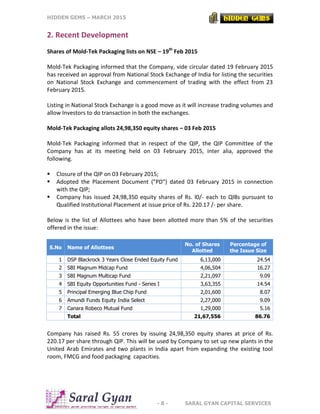 HIDDEN GEMS – MARCH 2015
- 8 - SARAL GYAN CAPITAL SERVICES
2. Recent Development
Shares of Mold-Tek Packaging lists on NSE – 19th
Feb 2015
Mold-Tek Packaging informed that the Company, vide circular dated 19 February 2015
has received an approval from National Stock Exchange of India for listing the securities
on National Stock Exchange and commencement of trading with the effect from 23
February 2015.
Listing in National Stock Exchange is a good move as it will increase trading volumes and
allow Investors to do transaction in both the exchanges.
Mold-Tek Packaging allots 24,98,350 equity shares – 03 Feb 2015
Mold-Tek Packaging informed that in respect of the QIP, the QIP Committee of the
Company has at its meeting held on 03 February 2015, inter alia, approved the
following.
 Closure of the QIP on 03 February 2015;
 Adopted the Placement Document ("PD") dated 03 February 2015 in connection
with the QIP;
 Company has issued 24,98,350 equity shares of Rs. l0/- each to QIBs pursuant to
Qualified Institutional Placement at issue price of Rs. 220.17 /- per share.
Below is the list of Allottees who have been allotted more than 5% of the securities
offered in the issue:
S.No Name of Allottees
No. of Shares
Allotted
Percentage of
the Issue Size
1 DSP Blackrock 3 Years Close Ended Equity Fund 6,13,000 24.54
2 SBI Magnum Midcap Fund 4,06,504 16.27
3 SBI Magnum Multicap Fund 2,21,097 9.09
4 SBI Equity Opportunities Fund - Series I 3,63,355 14.54
5 Principal Emerging Blue Chip Fund 2,01,600 8.07
6 Amundi Funds Equity India Select 2,27,000 9.09
7 Canara Robeco Mutual Fund 1,29,000 5.16
Total 21,67,556 86.76
Company has raised Rs. 55 crores by issuing 24,98,350 equity shares at price of Rs.
220.17 per share through QIP. This will be used by Company to set up new plants in the
United Arab Emirates and two plants in India apart from expanding the existing tool
room, FMCG and food packaging capacities.
 