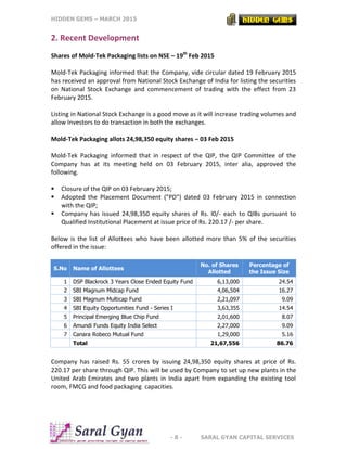 HIDDEN GEMS – MARCH 2015
- 8 - SARAL GYAN CAPITAL SERVICES
2. Recent Development
Shares of Mold-Tek Packaging lists on NSE...