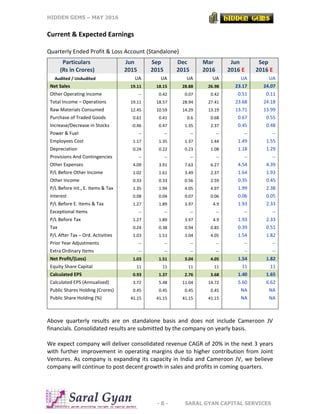 HIDDEN GEMS – MAY 2016
- 8 - SARAL GYAN CAPITAL SERVICES
Current & Expected Earnings
Quarterly Ended Profit & Loss Account (Standalone)
Above quarterly results are on standalone basis and does not include Cameroon JV
financials. Consolidated results are submitted by the company on yearly basis.
We expect company will deliver consolidated revenue CAGR of 20% in the next 3 years
with further improvement in operating margins due to higher contribution from Joint
Ventures. As company is expanding its capacity in India and Cameroon JV, we believe
company will continue to post decent growth in sales and profits in coming quarters.
Particulars
(Rs in Crores)
Jun
2015
Sep
2015
Dec
2015
Mar
2016
Jun
2016 E
Sep
2016 E
Audited / UnAudited UA UA UA UA UA UA
Net Sales 19.11 18.15 28.88 26.98 23.17 24.07
Other Operating Income -- 0.42 0.07 0.42 0.51 0.11
Total Income – Operations 19.11 18.57 28.94 27.41 23.68 24.18
Raw Materials Consumed 12.45 10.59 14.29 13.19 13.71 13.99
Purchase of Traded Goods 0.61 0.41 0.6 0.68 0.67 0.55
Increase/Decrease in Stocks -0.46 0.47 1.35 2.37 0.45 0.48
Power & Fuel -- -- -- -- -- --
Employees Cost 1.17 1.35 1.37 1.44 1.49 1.55
Depreciation 0.24 0.22 0.23 1.08 1.18 1.29
Provisions And Contingencies -- -- -- -- -- --
Other Expenses 4.09 3.91 7.63 6.27 4.54 4.39
P/L Before Other Income 1.02 1.61 3.49 2.37 1.64 1.93
Other Income 0.33 0.33 0.56 2.59 0.35 0.45
P/L Before Int., E. Items & Tax 1.35 1.94 4.05 4.97 1.99 2.38
Interest 0.08 0.04 0.07 0.06 0.06 0.05
P/L Before E. Items & Tax 1.27 1.89 3.97 4.9 1.93 2.33
Exceptional Items -- -- -- -- -- --
P/L Before Tax 1.27 1.89 3.97 4.9 1.93 2.33
Tax 0.24 0.38 0.94 0.85 0.39 0.51
P/L After Tax – Ord. Activities 1.03 1.51 3.04 4.05 1.54 1.82
Prior Year Adjustments -- -- -- -- -- --
Extra Ordinary Items -- -- -- -- -- --
Net Profit/(Loss) 1.03 1.51 3.04 4.05 1.54 1.82
Equity Share Capital 11 11 11 11 11 11
Calculated EPS 0.93 1.37 2.76 3.68 1.40 1.65
Calculated EPS (Annualised) 3.72 5.48 11.04 14.72 5.60 6.62
Public Shares Holding (Crores) 0.45 0.45 0.45 0.45 NA NA
Public Share Holding (%) 41.15 41.15 41.15 41.15 NA NA
 