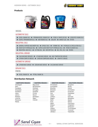 HIDDEN GEMS – OCTOBER 2012
- 4 - SARAL GYAN CAPITAL SERVICES
Products
Distribution Network
 