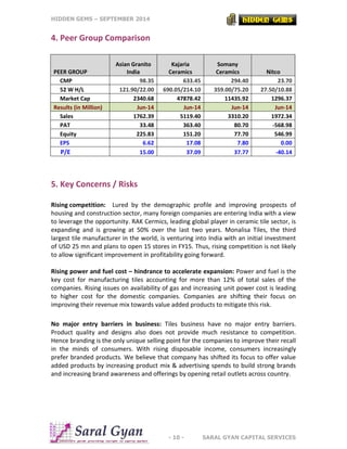 HIDDEN GEMS – SEPTEMBER 2014
- 10 - SARAL GYAN CAPITAL SERVICES
4. Peer Group Comparison
PEER GROUP
Asian Granito
India
Kajaria
Ceramics
Somany
Ceramics Nitco
CMP 98.35 633.45 294.40 23.70
52 W H/L 121.90/22.00 690.05/214.10 359.00/75.20 27.50/10.88
Market Cap 2340.68 47878.42 11435.92 1296.37
Results (in Million) Jun-14 Jun-14 Jun-14 Jun-14
Sales 1762.39 5119.40 3310.20 1972.34
PAT 33.48 363.40 80.70 -568.98
Equity 225.83 151.20 77.70 546.99
EPS 6.62 17.08 7.80 0.00
P/E 15.00 37.09 37.77 -40.14
5. Key Concerns / Risks
Rising competition: Lured by the demographic profile and improving prospects of
housing and construction sector, many foreign companies are entering India with a view
to leverage the opportunity. RAK Cermics, leading global player in ceramic tile sector, is
expanding and is growing at 50% over the last two years. Monalisa Tiles, the third
largest tile manufacturer in the world, is venturing into India with an initial investment
of USD 25 mn and plans to open 15 stores in FY15. Thus, rising competition is not likely
to allow significant improvement in profitability going forward.
Rising power and fuel cost – hindrance to accelerate expansion: Power and fuel is the
key cost for manufacturing tiles accounting for more than 12% of total sales of the
companies. Rising issues on availability of gas and increasing unit power cost is leading
to higher cost for the domestic companies. Companies are shifting their focus on
improving their revenue mix towards value added products to mitigate this risk.
No major entry barriers in business: Tiles business have no major entry barriers.
Product quality and designs also does not provide much resistance to competition.
Hence branding is the only unique selling point for the companies to improve their recall
in the minds of consumers. With rising disposable income, consumers increasingly
prefer branded products. We believe that company has shifted its focus to offer value
added products by increasing product mix & advertising spends to build strong brands
and increasing brand awareness and offerings by opening retail outlets across country.
 