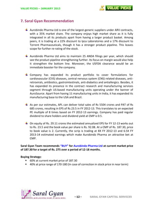 VALUE PICKS – JANUARY 2013

7. Saral Gyan Recommendation
Aurobindo Pharma Ltd is one of the largest generic suppliers under ARV contracts,
with a 35% market share. The company enjoys high market share as it is fully
integrated in all its products apart from having a larger product basket. Among
peers, it is trading at a 22% discount to Ipca Laboratories and a 17% discount to
Torrent Pharmaceuticals, though it has a stronger product pipeline. This leaves
scope for further re-rating of the stock.
Aurobindo Pharma Ltd aims to maintain 25 ANDA filings per year, which should
see the product pipeline strengthening further. Its focus on margin would also help
it strengthen the bottom line. Moreover, the USFDA clearance would be an
immediate booster for the company.
Company has expanded its product portfolio to cover formulations for
cardiovascular (CVS) diseases, central nervous system (CNS) related diseases, antiretrovirals, antibiotics, gastrointestinals, anti-diabetics and antiallergics. Besides, it
has expanded its presence in the contract research and manufacturing services
segment through US-based manufacturing units operating under the banner of
AuroSource. Apart from having 11 manufacturing units in India, it has expanded its
manufacturing base to the USA and Brazil.
As per our estimates, APL can deliver total sales of Rs 5504 crores and PAT of Rs
685 crores, resulting in EPS of Rs 23.5 in FY 2012-13. This translates to an expected
PE multiple of 8 times based on FY 2012-13 earnings. Company has paid regular
dividend to share holders and dividend yield at CMP is 0.5.
On equity of Rs. 29.11 crores the estimated annualized EPS for FY 12-13 works out
to Rs. 23.5 and the book value per share is Rs. 92.08. At a CMP of Rs. 187.30, price
to book value is 2. Currently, the scrip is trading at 8X FY 2012-13 and 6.5X FY
2013-14 estimated earnings which make Aurobindo Pharma an attractive bet at
CMP.
Saral Gyan Team recommends “BUY” for Aurobindo Pharma Ltd at current market price
of 187.30 for a target of Rs. 275 over a period of 12-18 months.
Buying Strategy:
 60% at current market price of 187.30
 40% at price range of 170-180 (In case of correction in stock price in near term)

- 12 -

SARAL GYAN CAPITAL SERVICES

 