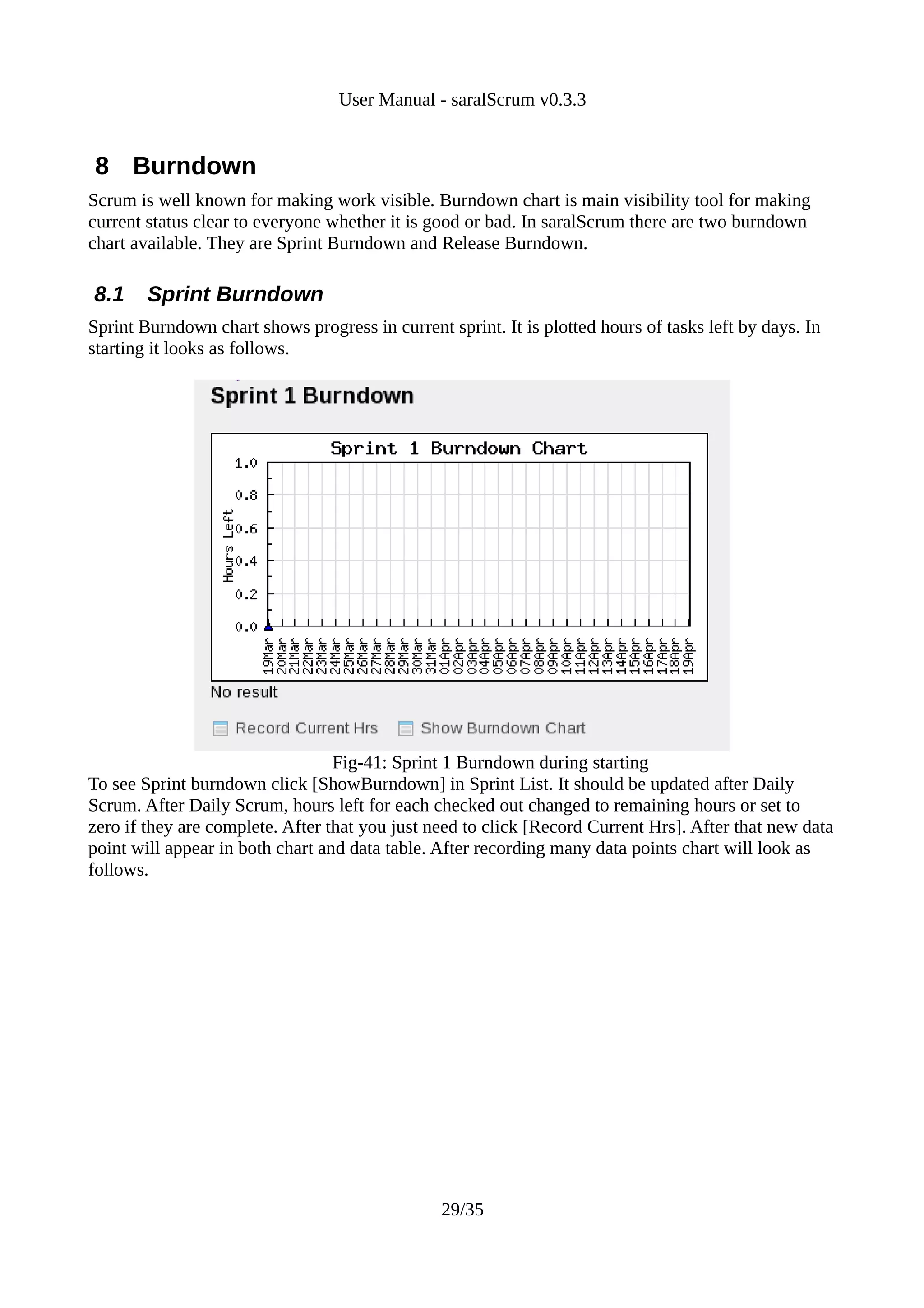User Manual - saralScrum v0.3.3


8 Burndown
Scrum is well known for making work visible. Burndown chart is main visibility tool for making
current status clear to everyone whether it is good or bad. In saralScrum there are two burndown
chart available. They are Sprint Burndown and Release Burndown.

8.1     Sprint Burndown
Sprint Burndown chart shows progress in current sprint. It is plotted hours of tasks left by days. In
starting it looks as follows.




                                  Fig-41: Sprint 1 Burndown during starting
To see Sprint burndown click [ShowBurndown] in Sprint List. It should be updated after Daily
Scrum. After Daily Scrum, hours left for each checked out changed to remaining hours or set to
zero if they are complete. After that you just need to click [Record Current Hrs]. After that new data
point will appear in both chart and data table. After recording many data points chart will look as
follows.




                                                29/35
 