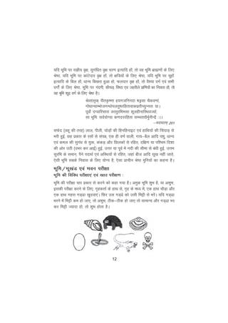 12
;fn Hkwfe ij ;Kh; o`{k] lqxafèkr o`{k pj.k bR;kfn gksa] rks og Hkwfe czkã.kksa ds fy,
Js"B] ;fn Hkwfe ij dkaVsnkj o`{k gksa] rks {kf=;ksa ds fy, Js"B] ;fn Hkwfe ij pwgksa
bR;kfn ds fcy gksa] èkkU; fc[kjk gqvk gks] Qynkj o`{k gksa] rks oS';k oxZ ,oa lHkh
oxksaZ ds fy, Js"B] Hkwfe ij xanxh] dhpM+] fo"Bk ,o tgjhys izkf.k;ksa dk fuokl gksa] rks
og Hkwfe 'kwwnz oxZ ds fy, Js"B gSA
JsOrkl`d~ ihrÑ".kk g;xtfuunk "kMªlk pSdo.kka]
xksèkkU;kEHkkstxUèkksiyrq"kjfgrkokdizrhP;qUurk ;kA
iwoksZ nXokfjlkjk ojlqjfHkelk 'kwyghukfLFkoT;kZ]
lk Hkwfe% loZ;ksX;k d.knjjfgrk lEerk|SeqZuhUnSz %AA
&e;ere~ 201
lQsn ¼ygw dh rjg½ yky] ihyh] ?kksM+ksa dh fgufgukbV ,oa gkfFk;ksa dh fpa?kkM+ ls
Hkjh gqbZ] Ng izdkj ds jlksa ls laié] ,d gh o.kZ okyh] xk;&cSy vkfn i'kq] èkkU;
,oa dey dh lqxaèk ls ;qä] dadM+ vkSj fNydksa ls jfgr] nf{k.k ;k if'pe fn'kk
dh vksj mBh ¼mHkj dj vkbZ½ gqbZ] mÙkj ;k iwoZ esa unh dh lhek ls caèkh gqbZ] mÙke
lqjfHk ds leku] iSus inkFkZ ,oa vfLFk;ksa ls jfgr] tgka cht vkfn lw[k ugha tkrs]
,slh Hkwfe lcds fuokl ds fy, ;ksX; gS] ,slk izkphu Js"B eqfu;ksa dk dguk gSA
Hkwfe@Hkw[kaM ,oa Hkou ijh{kk
Hkwfe dh fofoèk ijh{kk,a ,oa [kkr ijh{k.k %
Hkwfe dh ijh{kk pkj çdkj ls djus dks dgk x;k gSA veqd Hkwfe 'kqHk gS] ;k v'kqHk]
bldh ijh{kk djus ds fy,] x`gdrkZ ds gkFk ls] x`g ds eè; esa] ,d gkFk pkSM+k vkSj
,d gkFk xgjk xM~<k [kqnok,aA fQj ml xM~<s dks mlh feêh ls HkjsaA ;fn xM~<k
Hkjus esa feêh de gks tk,] rks v'kqHk] Bhd&Bhd gks tk, rks lkekU; vkSj xM~<k Hkj
dj feêh T;knk gks] rks 'kqHk gksrk gSA
 