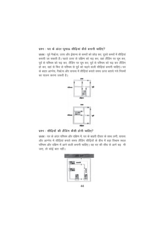 44
iz'u % ?kj ds vanj ?kqekÅ lhf<+;ka dSls cukuh pkfg,a
mÙkj % iwoZ uS_ZR;] mÙkj vkSj bZ'kkU; ds dejksa dks NksM+ dj] nwljs dejksa esa lhf<+;ka
cuk;h tk ldrh gSaA igys mÙkj ls nf{k.k dks p<+ dj] ogka ySafMax ij ?kwe dj]
iwoZ ls if'pe dks p<+ dj] ySafMax ij ?kwe dj] iwoZ ls if'pe dks p<+ dj ySafMax
gks dj] ogka ls fQj ls if'pe ls iwoZ dks p<+us okyh lhf<+;ka cukuh pkfg,aA ?kj
ds ckgj vkXus;] uS_ZR; vkSj ok;O; esa lhf<+;ka cukrs le; Åij crk;s x;s fu;eksa
dk ikyu djuk t:jh gSA
iz'u % lhf<+;ksa dh ySafMax dSlh gksuh pkfg,
mÙkj % ?kj ds vanj if'pe vkSj nf{k.k esa] ?kj ds ckgjh nhokj ds lkFk yxh] ok;O;
vkSj vkXus; esa lhf<+;ka cukrs le; ySafMax lhf<+;ksa ds chp esa cM+k foJke LFky
if'pe vkSj nf{k.k esa vkus okyh cukuh pkfg,A og ?kj dh lhèk ls vkxs c<+ Hkh
tk,] rks dksbZ ckr ughaA
 