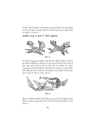 48
dk ftØ ^laiw.kZ okLrq 'kkL=* uked iqLrd ds i`"B 106 esa fd;k x;kA blls lSdM+ksa
yksxksa dks ykHk gqvkA vc izcq) ikBdksa dh tkudkjh gsrq ;gka dqN vuNq, fo"k;ksa
ij lkexzh nh tk jgh gSA
vkarfjd okLrq ds lanHkZ esa phuh vkÑfr;ka %
phu esa MªSxu (Dragon) dh vkÑfr dks 'kqHk ekurs gSa] D;ksafd og cgqr gh [krjukd
,oa jgL;e; 'kfDr;ksa dk Lokeh gksrk gSA ogka ekU;rk gS fd MªSxu dh mikluk ls
vU; v'kqHk vkRek,a mUgsa rax ugha dj ikrhaA fp= v esa n'kkZ;k x;k fpesjk
(Chimera) dk ;g fpà ikSjkf.kd gSA phuh ekU;rk ds vuqlkj ;g tkuoj fpesjk]
'kfä] izHkqRo vkSj rkd dk |ksrd gSA ;g fpà izk;% pknj] rfd;ksa] inks± vkSj iwtk
x`gksa ds oL=ksa ij mdsj dj cuk;k tkrk gSA
fp= c esa iznf'kZr mM+u'khy i{kh QhusDl (phoenix) dk ;g fp= cqf) oSHko vkSj
foykl dk izrhd gSA bldk fp= Hkh Nr] insZ] pknj ,oa cSBd dh nhokjksa ij cuk;k
tkrk gSA
fp=&v
fp=&c
 