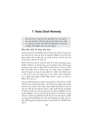 80
fcuk rksM+&QksM+ ds okLrq nks"k 'keu] fn'kk fLFkfr] dkap] rst jks'kuh ds
cYo] eèkqj Lojygjh] ;k ?kaVh] o`{k vkSj iq"i xqPN] fØLVy ckWy] eNyh
?kj] tyk'k; ,oa QOokjs] iou pDdh vkSj fn'kkn'kZd ;a=] Hkkjh iRFkj
,oa ewfrZ;k] Hkkjh fo|qrh; la;a=] ckal vkSj ckalqjhA
fcuk rksM+&QksM+ ds okLrq nks"k 'keu
T;knkrj yksxksa fd ,d gh ftKklk gksrh gS fd fcuk rksM+&QksM+ ds okLrq nks"k dk
'keu dSls laHko gS dbZ okLrq 'kkL= ds rFkkdfFkr fo'ks"kKksa ds Qksu vkrs gSa fd
veqd dkj[kkusa&Hkou esa veqd izdkj dk tcjnLr nks"k gSA D;k fcuk rksM+&QksM+
ds bl nks"k dk fujkdj.k gks ldrk gS
fons'kksa esa fcuk rksM+&QksM+ ds okLrq nks"k&'keu ds ukS mik; (Nine Basic Cure)
lokZfèkd izpfyr gSaA izks- fyu;qu (Lin-yun) ,oa okLrqdkj ljkg jksLcsp (Sarah
Rossbach) us bu mik;ksa ij cgqr foLrkj ls izdk'k Mkyk gSA muds }kjk iznÙk
ftu ^ukbu csfld D;ksj* ls vkdk'k] ok;q] ty] izdk'k] vfXu&bu iapHkwrksa ds
rkyesy dks lqèkkjk tk ldrk gS] os bl izdkj gSaA 1- jks'kuh&niZ.k&fØLVy cky
2- èofu&?kaVh 3- o`{k&ikSèks&>kM+h] iq"i 4- iou pDdh] QOokjk] fn'kkn'kZd
;a=] 5- ewfrZ;k&iRFkj&pêkusa] 6- fofHkUu fo|qr midj.k] 7- ckal] 8- jax&funku 9-
fofHkUu VksVds vkSj ;a= A
okLrq nks"k lacaèkh fons'kh Kku] Hkkjrh; okLrq 'kkL=Kksa ds lkeus ckSuk gSA fons'kh
yksxksa dks dsoy pkj fn'kk,a gh irk Fkha & iwoZ&if'pe&mÙkj&nf{k.kA fQj Hkkjrh;
'kkL=ksa dh enn ls bZ'kku] vfXu] uS_ZR;] ok;O; bR;kfn pkj fn'kkvksa dk vkSj irk
pyk cl] buds vkxs bUgsa dksbZ Kku ugha gSA budh mRifÙk dSls gqbZ] bu fn'kkvksa
ds ukedj.k ds ihNs D;k jgL; gS] bldk Kku mUgsa ugha gSA oLrqfLFkfr ;g gS fd
Hkkjrh; euhf"k;ksa us vkt ls gtkjksa o"kZ iwoZ eqag ns[kus ds dkap ¼niZ.k½ dk egRo
n'kkZ;k FkkA fons'kh okLrq 'kkfL=;ksa dh n`f"V esa bldk cM+k Hkkjh egRo gSA D;ksafd
;g okLrq lacaèkh ckgjh nq"izHkko dks okil ykSVkus (Reflect) dh 'kfä j[krk gSA
dkap vkarfjd lqanjrk vkSj lqj{kk dks c<+krk gSA blesa vkdkj dk dksbZ fo'ks"k egRo
ugha gSA
7. Vastu Dosh Remedy
 