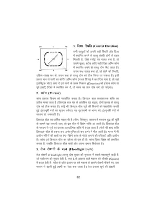 82
1- fn'kk fLFkfr (Correct Direction)
lHkh oLrqvksa dks viuh lgh fLFkfr vkSj fn'kk
esa LFkkfir djus ls okLrq lacaèkh nks"kksa ls jkgr
feyrh gS] tSls jlksbZ ?kj xyr cuk gS] rks
mlesa pwYgk] LVkso vkfn lgh fn'kk vfXu dks.k
esa LFkkfir djus ls okLrq nks"k feV tkrk gSA
'k;u d{k xyr cuk gks] rks lksus dh fLFkfr]
nf{k.k&mÙkj dj ds] 'k;u d{k ds okLrq nks"k dks Bhd fd;k tk ldrk gSA blh
izdkj eku ysa ikuh dk cksfjax vfXu dks.k ¼xyr fn'kk½ esa dj fn;k x;k gS] rks ogka
bysfDVªd eksVj yxk nsa ,oa ikuh ds izFke fudkl (Direction) dks bZ'kku dks.k ;k
iwoZ ¼lgh½ fn'kk esa LFkkfir dj nsa] rks Hkou dk ty nks"k u"V gks tk,xkA
2- dkap (Mirror)
dkap izdk'k fdj.k dks ijkofrZr djrk gSA fØLVy cky ldkjkRed 'kfä dk
izrhd ekuk tkrk gSA fØLVy cky ?kj ds vkarfjd ,oa ckâ;] nksuksa izdkj ds okLrq
nks"k dks Bhd djrk gSA dksbZ Hkh fØLVy ckWy lw;Z dh fdj.kksa dks ijkofrZr djrh
gqbZ banzèkuq"kh jaxksa dk l`tu djsxkA ;g x`gLokeh ds HkkX; dks] banzèkqu"kh jaxksa ds
ekè;e ls] pedkrh gSA
fØLVy ckWy dk èkkfeZd egRo Hkh gSA phu] flaxkiqj] tkiku esa Hkxoku cq) dh ewfrZ
ds lkeus ;g yxk;h tk,] rks bl ckWy esa fo'ks"k 'kfä vk tkrh gSA fØLVy ckWy
ds ekè;e ls lw;Z dk izdk'k vkè;kfRed 'kfä esa cny tkrk gSA ea=ksa dh 'kCn 'kfä
fØLVy&ckWy ls Vdjk dj] vuarxqf.kr gks dj dejs esa QSy tkrh gSA Hkkjr esa Hkh
izkphu eafnjksa dh Nrksa ij jax&fcjaxs dkap ds xksys yxkus dh ifjikVh vfr izkphu
gSA dkap ,oa fØLVy ckWy dk mís'; rks ,d gh gSA dkap fn'kk fo'ks"k dkss izHkkfor
djrk gS] tcfd fØLVy ckWy pkjksa vksj viuk izHkko fc[ksjrk gSA
3- rst jks'kuh ds cYc (Floodlight Bulb)
rst jks'kuh (Flood light) okLrq nks"k lqèkkj dh J`a[kyk esa lcls egRoiw.kZ dM+h gS]
tks i;kZoj.k dks lqèkkj nsrh gS] rFkk L ds vkdkj okys edku dks pkSdksj (Square)
esa cny nsrh gSA ioZr ds NksVs <yku ij cus edku ds lkeus jks'kuh Qsadus ij] ml
edku ls cgrh gqbZ y{eh dk jsyk #d tkrk gSA rst izdk'k lw;Z dh jks'kuh
 