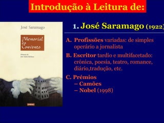 Cândido MARTINS: Introdução   à Leitura de: 1.   José Saramago  (1922) ,[object Object],[object Object],[object Object],[object Object],[object Object]