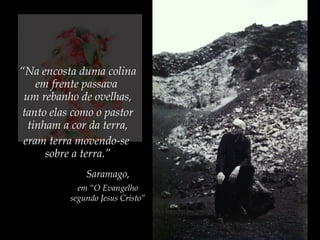 “Na encosta duma colina
em frente passava
um rebanho de ovelhas,
tanto elas como o pastor
tinham a cor da terra,
eram terra movendo-se
sobre a terra.”
em “O Evangelho
segundo Jesus Cristo”
Saramago,
 