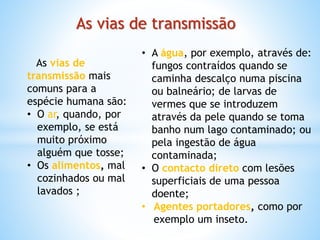 • A água, por exemplo, através de:
fungos contraídos quando se
caminha descalço numa piscina
ou balneário; de larvas de
vermes que se introduzem
através da pele quando se toma
banho num lago contaminado; ou
pela ingestão de água
contaminada;
• O contacto direto com lesões
superficiais de uma pessoa
doente;
• Agentes portadores, como por
exemplo um inseto.
As vias de
transmissão mais
comuns para a
espécie humana são:
• O ar, quando, por
exemplo, se está
muito próximo
alguém que tosse;
• Os alimentos, mal
cozinhados ou mal
lavados ;
As vias de transmissão
 