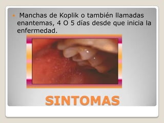     Manchas de Koplik o también llamadas
    enantemas, 4 O 5 días desde que inicia la
    enfermedad.




            SINTOMAS
 