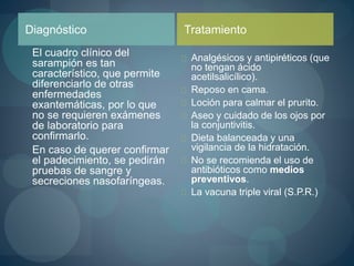 Diagnóstico
El cuadro clínico del
sarampión es tan
característico, que permite
diferenciarlo de otras
enfermedades
exantemáticas, por lo que
no se requieren exámenes
de laboratorio para
confirmarlo.
En caso de querer confirmar
el padecimiento, se pedirán
pruebas de sangre y
secreciones nasofaríngeas.
Analgésicos y antipiréticos (que
no tengan ácido
acetilsalicílico).
Reposo en cama.
Loción para calmar el prurito.
Aseo y cuidado de los ojos por
la conjuntivitis.
Dieta balanceada y una
vigilancia de la hidratación.
No se recomienda el uso de
antibióticos como medios
preventivos.
La vacuna triple viral (S.P.R.)
Tratamiento
 