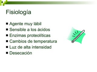 Fisiología Agente muy lábil Sensible a los ácidos Enzimas proteolíticas Cambios de temperatura Luz de alta intensidad  Desecación 