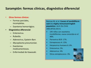Sarampión: formas clínicas, diagnóstico diferencial

•   Otras formas clínicas:
     – Formas parciales,
        incompletas.
     – Exantema hemorrágico.
•   Diagnóstico diferencial:
     – Enterovirus.
     – Rubeóla.
     – Adenovirus, Epstein-Barr.
     – Mycoplasma pneumoniae.
     – Exantemas
        medicamentosos.
     – Enfermedad de Kawasaki.
 
