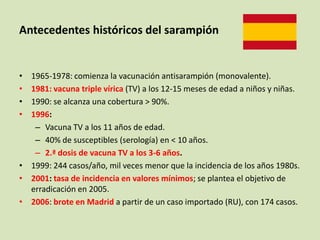 Antecedentes históricos del sarampión


• 1965-1978: comienza la vacunación antisarampión (monovalente).
• 1981: vacuna triple vírica (TV) a los 12-15 meses de edad a niños y niñas.
• 1990: se alcanza una cobertura > 90%.
• 1996:
   – Vacuna TV a los 11 años de edad.
   – 40% de susceptibles (serología) en < 10 años.
   – 2.ª dosis de vacuna TV a los 3-6 años.
• 1999: 244 casos/año, mil veces menor que la incidencia de los años 1980s.
• 2001: tasa de incidencia en valores mínimos; se plantea el objetivo de
  erradicación en 2005.
• 2006: brote en Madrid a partir de un caso importado (RU), con 174 casos.
 