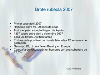 Brote rubéola 2007
•
•
•
•
•
•

Primer caso abril 2007
Hombres entre 19- 29 años de edad
Todos el país, excepto Región de Aysén
4337 casos entre abril y diciembre 2007
Tasa 26,1/1000.000 habitantes
Embarazada positiva con muerte fetal a las 12 semanas de
gestación
• Genotipo 2B, circulante en Brasil y en Europa
• Campaña de vacunación en hombres con una cobertura de
92,3%

Fuente: PNI MINSAL

 