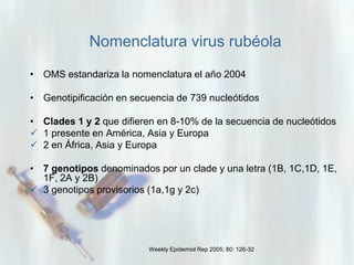 Nomenclatura virus rubéola
• OMS estandariza la nomenclatura el año 2004
• Genotipificación en secuencia de 739 nucleótidos
• Clades 1 y 2 que difieren en 8-10% de la secuencia de nucleótidos
 1 presente en América, Asia y Europa
 2 en África, Asia y Europa
• 7 genotipos denominados por un clade y una letra (1B, 1C,1D, 1E,
1F, 2A y 2B)
 3 genotipos provisorios (1a,1g y 2c)

Weekly Epidemiol Rep 2005; 80: 126-32

 