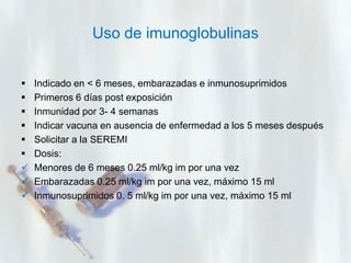 Uso de imunoglobulinas










Indicado en < 6 meses, embarazadas e inmunosuprimidos
Primeros 6 días post exposición
Inmunidad por 3- 4 semanas
Indicar vacuna en ausencia de enfermedad a los 5 meses después
Solicitar a la SEREMI
Dosis:
Menores de 6 meses 0.25 ml/kg im por una vez
Embarazadas 0.25 ml/kg im por una vez, máximo 15 ml
Inmunosuprimidos 0. 5 ml/kg im por una vez, máximo 15 ml

 