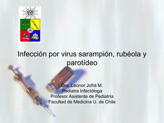Infección por virus sarampión, rubéola y
parotídeo
Dra. Leonor Jofré M.
Pediatra Infectóloga
Profesor Asistente de Pediatría
Facultad de Medicina U. de Chile

 