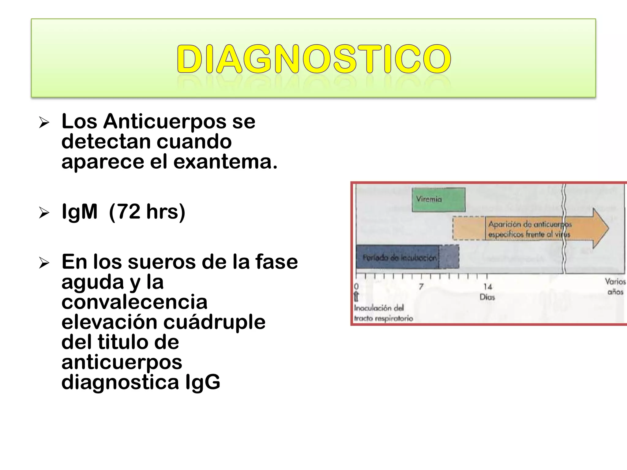  Los Anticuerpos se
detectan cuando
aparece el exantema.
 IgM (72 hrs)
 En los sueros de la fase
aguda y la
convalecencia
elevación cuádruple
del titulo de
anticuerpos
diagnostica IgG
 