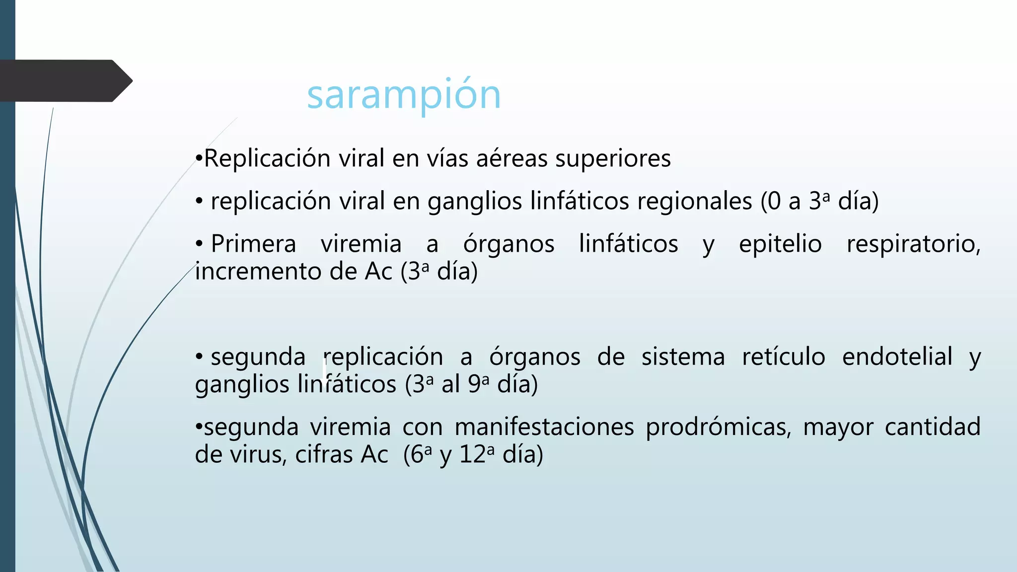 •Replicación viral en vías aéreas superiores
• replicación viral en ganglios linfáticos regionales (0 a 3a día)
• Primera viremia a órganos linfáticos y epitelio respiratorio,
incremento de Ac (3a día)
• segunda replicación a órganos de sistema retículo endotelial y
ganglios linfáticos (3a al 9a día)
•segunda viremia con manifestaciones prodrómicas, mayor cantidad
de virus, cifras Ac (6a y 12a día)
sarampión
 
