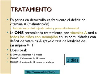 TRATAMIENTO En países en desarrollo es frecuente el déficit de vitamina A (malnutrición) Relación entre nivel bajo de retinol y gravedad enfermedad La  OMS  recomienda tratamiento con  vitamina A  oral a  todos los niños   con sarampión  en las comunidades con déficit de vitamina A grave o tasa de letalidad de sarampión >  1 Dosis oral: 50 000 UI a lactantes < 6 meses  100 000 UI a lactantes 6- 11 meses 200 000 UI a niños de 12 meses en adelante http://www.who.int/en/ 2 días 