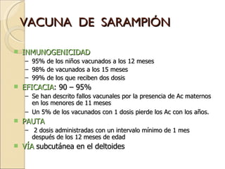 INMUNOGENICIDAD  95% de los niños vacunados a los 12 meses 98% de vacunados a los 15 meses 99% de los que reciben dos dosis EFICACIA : 90 – 95% Se han descrito fallos vacunales por la presencia de Ac maternos en los menores de 11 meses Un 5% de los vacunados con 1 dosis pierde los Ac con los años. PAUTA 2 dosis administradas con un intervalo mínimo de 1 mes después de los 12 meses de edad VÍA  subcutánea en el deltoides VACUNA  DE  SARAMPIÓN 