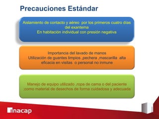 Precauciones Estándar
Aislamiento de contacto y aéreo por los primeros cuatro días
del exantema
En habitación individual con presión negativa
Importancia del lavado de manos
Utilización de guantes limpios ,pechera ,mascarilla alta
eficacia en visitas o personal no inmune
Manejo de equipo utilizado ,ropa de cama o del paciente
;como material de desechos de forma cuidadosa y adecuada
 