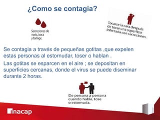 ¿Como se contagia?
Se contagia a través de pequeñas gotitas ,que expelen
estas personas al estornudar, toser o hablan .
Las gotitas se esparcen en el aire ; se depositan en
superficies cercanas, donde el virus se puede diseminar
durante 2 horas.
 