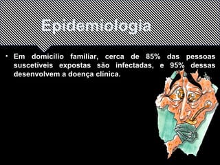 Epidemiologia 
• Em domicílio familiar, cerca de 85% das pessoas 
suscetíveis expostas são infectadas, e 95% dessas 
desenvolvem a doença clínica. 
 