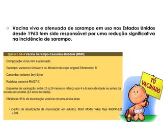 Tratamento, Prevenção e Controle 
o Vacina viva e atenuada de sarampo em uso nos Estados Unidos 
desde 1963 tem sido responsável por uma redução significativa 
na incidência de sarampo. 
 