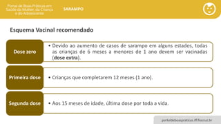 portaldeboaspraticas.iff.fiocruz.br
SARAMPO
Esquema Vacinal recomendado
• Devido ao aumento de casos de sarampo em alguns estados, todas
as crianças de 6 meses a menores de 1 ano devem ser vacinadas
(dose extra).
Dose zero
• Crianças que completarem 12 meses (1 ano).Primeira dose
• Aos 15 meses de idade, última dose por toda a vida.Segunda dose
 