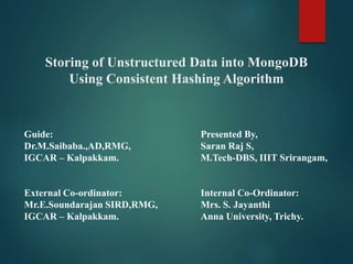 Storing of Unstructured Data into MongoDB
Using Consistent Hashing Algorithm
Guide: Presented By,
Dr.M.Saibaba.,AD,RMG, Saran Raj S,
IGCAR – Kalpakkam. M.Tech-DBS, IIIT Srirangam,
External Co-ordinator: Internal Co-Ordinator:
Mr.E.Soundarajan SIRD,RMG, Mrs. S. Jayanthi
IGCAR – Kalpakkam. Anna University, Trichy.
 