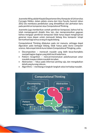 STRATEGI DIGITALISASI SARPRAS
Meningkatkan Kualitas Pengelolaan Sarana dan Prasarana SMK
95
JeannetteWing adalah KepalaDepartemen Ilmu KomputerdiUniversitas
Carnegie Mellon, dalam pidato utama dari Asia Faculty Summit tahun
2012 dia membawa pendekatan yang dimodifikasi dan perhatian baru
pada pemikiran komputasi atau Computational Thinking.
Jeannette juga memberikan contoh pemikiran komputasi, bahwa hal itu
telah mempengaruhi disiplin ilmu lain, dan mempromosikan gagasan
bahwa mengajar pemikiran komputasi tidak hanya dapat menginspirasi
generasi masa depan untuk memasuki bidang ilmu komputer tetapi
bermanfaat bagi semua orang di segala bidang.
Computational Thinking dilakukan pada sisi manusia, sehingga dapat
digunakan pada berbagai bidang, tidak hanya pada dunia computer
science. Ada empat teknik kunci dalam Computational Thingking, yaitu:
 Decomposition — memecah masalah yang lebih besar/kompleks
menjadi bagian-bagian yang lebih kecil/sederhana.
 Pattern recognition — mencari/menemukan pola/kesamaan antar
masalah maupun dalam masalah tersebut.
 Abstraction — fokus pada informasi penting saja, dan mengabaikan
detail yang kurang relevan.
 Algorithms — membangun langkah-langkah solusi terhadap masalah.
 