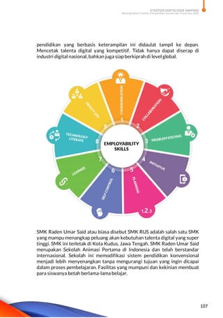 STRATEGI DIGITALISASI SARPRAS
Meningkatkan Kualitas Pengelolaan Sarana dan Prasarana SMK
107
pendidikan yang berbasis keterampilan ini didaulat tampil ke depan.
Mencetak talenta digital yang kompetitif. Tidak hanya dapat diserap di
industri digital nasional, bahkan juga siap berkiprah di level global.
SMK Raden Umar Said atau biasa disebut SMK RUS adalah salah satu SMK
yang mampu menangkap peluang akan kebutuhan talenta digital yang super
tinggi. SMK ini terletak di Kota Kudus, Jawa Tengah. SMK Raden Umar Said
merupakan Sekolah Animasi Pertama di Indonesia dan telah berstandar
internasional. Sekolah ini memodifikasi sistem pendidikan konvensional
menjadi lebih menyenangkan tanpa mengurangi tujuan yang ingin dicapai
dalam proses pembelajaran. Fasilitas yang mumpuni dan kekinian membuat
para siswanya betah berlama-lama belajar.
 